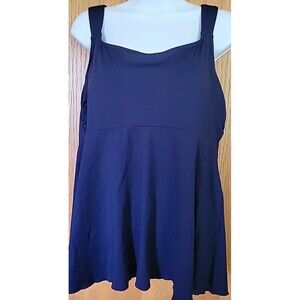 Lands' End Navy LARGE 14-16 Swim Top Tankini Flutter Hem Solid Padded S613